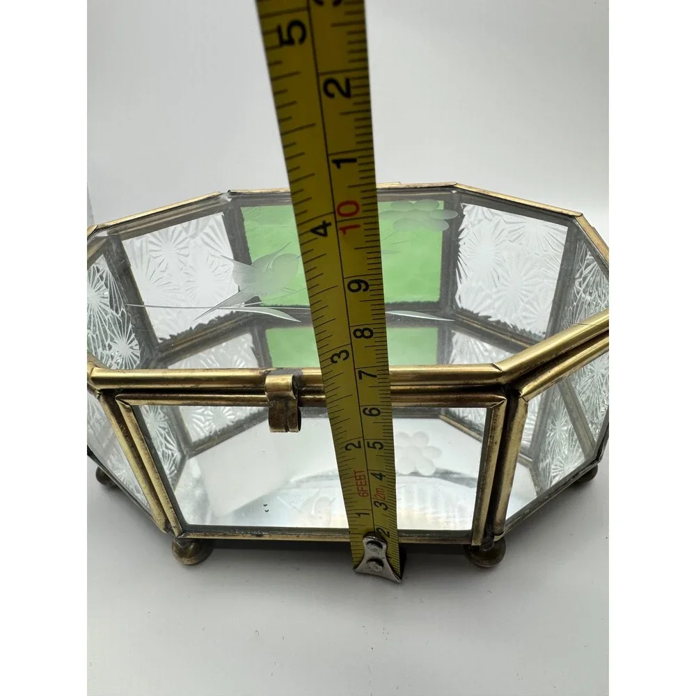 1980's Octagonal Glass Jewelry Box with brass tone frame Etched